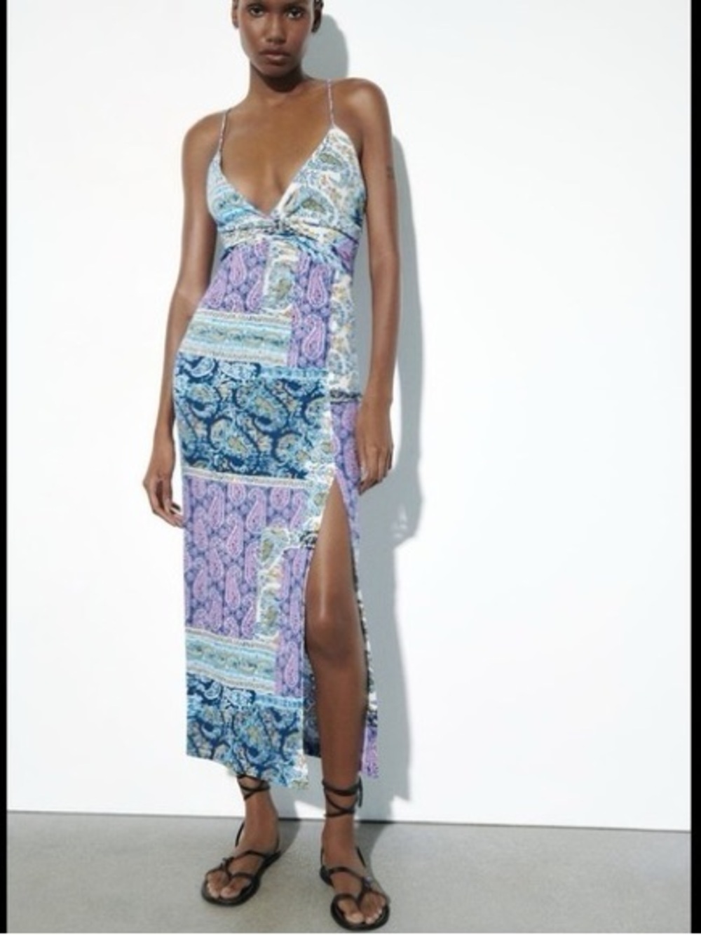 Zara Patchwork Paisley Twist-Front Midi Dress in Blue & Pink